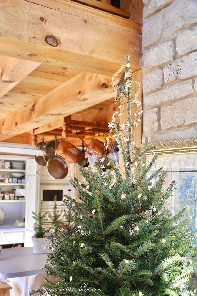 A starry lit tabletop tree is visible from the open kitchen.