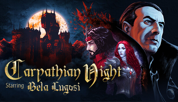 Imagem: Reprodução/Divulgação; cartaz horizontal com arte digital de jogo indie "Carpathian Night", com Béla Lugosi (2024)