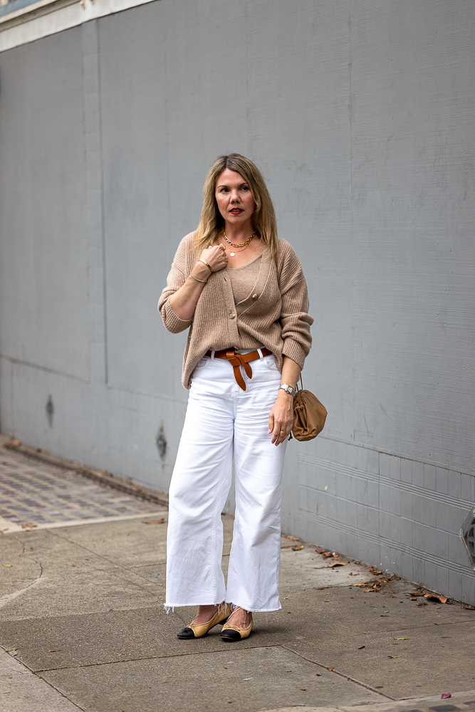 Katie Holmes Wears a Chanel Cardigan and Wide Leg Jeans