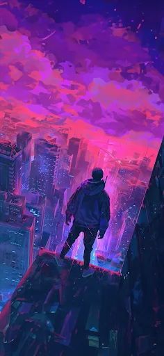 A solitary figure stands at the edge of a skyscraper, gazing over a futuristic cityscape bathed in neon lights. Skyscrapers stretch towards a vibrant sky swirling with purple and pink clouds, reflecting the urban glow. The scene captures a moment of contemplation amidst a world brimming with cyberpunk inspiration.