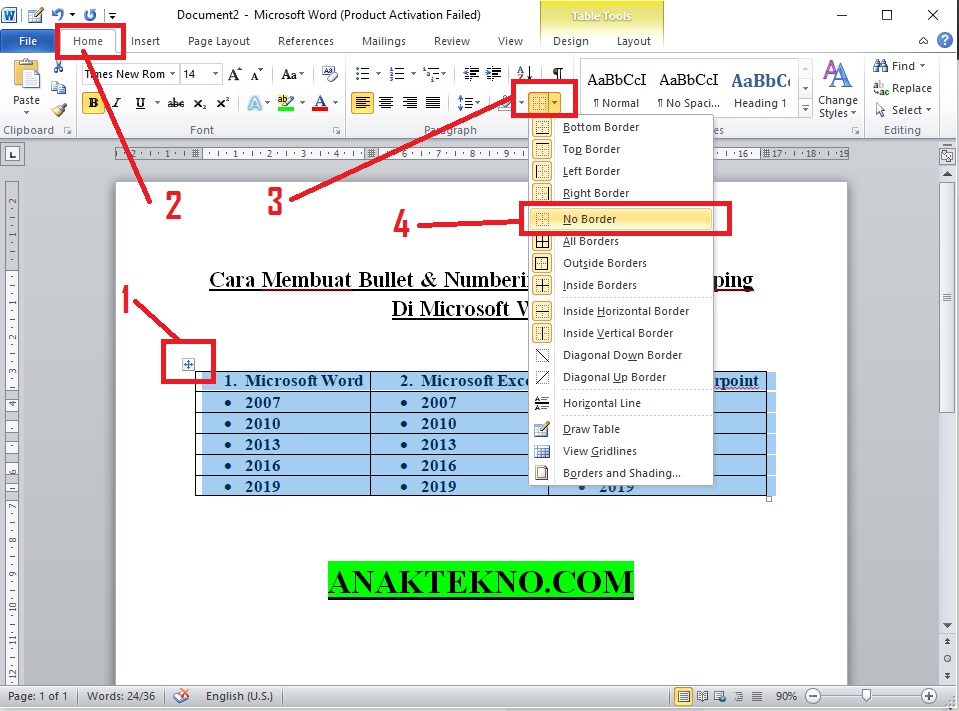 Menghilangkan garis tepi tabel di Word