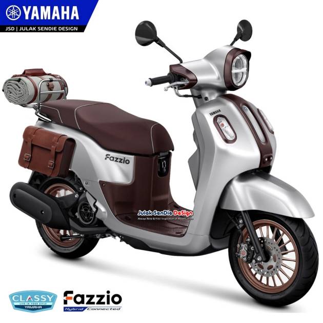 Design website Julak SenDie Design has designed a new visual design for the Yamaha Fazzio 125 Hybrid , coming in a special version for the new retro-modern scooter model. Which is considered a new scooter. that has just been launched in Indonesia Which is considered to have received a good response and is considered a new model that is very successful in the market in Indonesia.    For the Yamaha Fazzio 125 Hybrid , it comes in a 125cc Bluecore engine that works with the Electric Power Assist Start system to give it a more powerful and smoother acceleration. The maximum horsepower is 8.3 HP at 6,500 rpm and peak torque is 10.6 Nm at 4,500 rpm.  And for the new Yamaha Fazzio 125 Hybrid , this new version has been redesigned with a new look that will allow the loading of people, things , or more efficient use. Comes with LED headlights and taillights, a full digital display screen that can be connected to the Y-Connect application on the smartphone One Push Start Start System SMG Smart Motor System smart key remote key system smartphone charger Storage capacity under the seat is 17.8 liters .   For the Yamaha Fazzio 125 Hybrid , this version is still a design concept from Julak SenDie Design that comes in the form of a Rander image that comes out as an example of decoration and facelift that is interesting and unique. One new version that looks perfect ever for Yamaha Fazzio 125 Hybrid in this new version !!