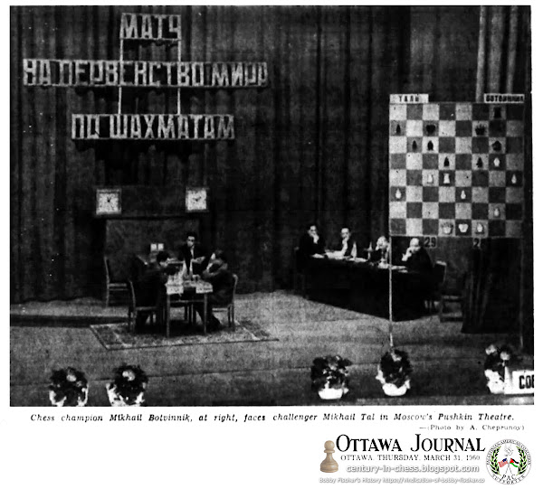 Chess champion Mikhail Botvinnik, at right, faces challenger Mikhail Tal in Moscow's Puskin Theatre.