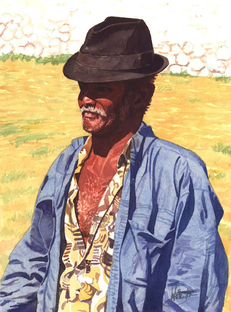 Watercolour portrait of a sugar cane farmer shaded by the rim of his hat, "L'ombre du chapeau," by William Walkington