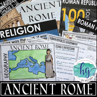 Image of Ancient Rome PowerPoint slides and text that reads grades 9-12 and Ancient Rome