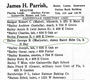 City directory of 1922 Gainesville highlighting Marjorie and George Bailey