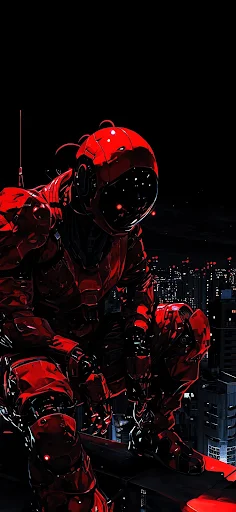 An iPhone wallpaper depicting a soldier in futuristic red armor crouching on an urban rooftop at night, ideal for a high-tech warrior theme.
