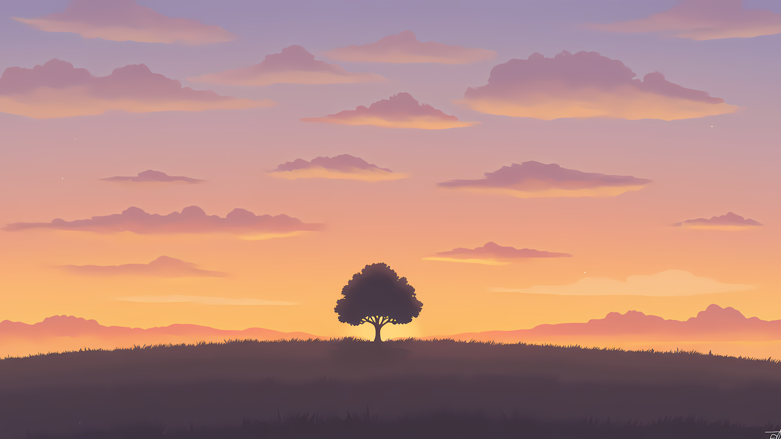 A sunset silhouette with a lonely tree on a hill against a colorful sky with clouds, ideal as a cool wallpaper for laptop.