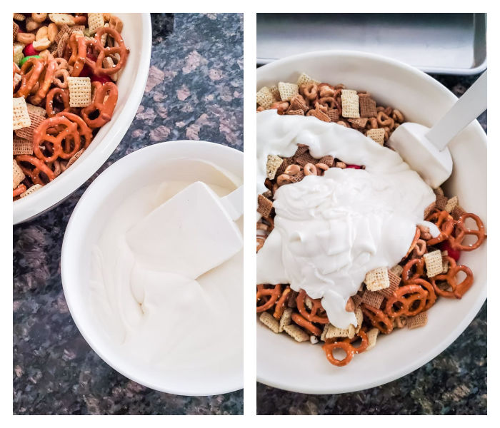 melted white chocolate poured over snack mix