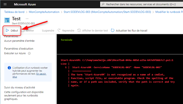 Tester un Runbook dans l'Azure