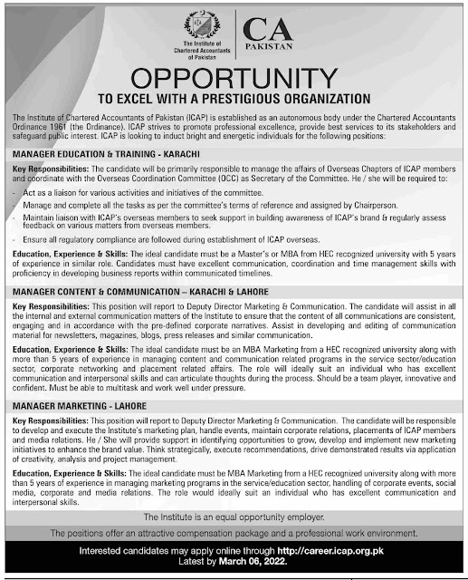 Latest CA jobs 2022 ICAP Jobs 2022 Institute of Chartered Accountants of Pakistan jobs oppurtunaty 2022 - govt jobs 2022