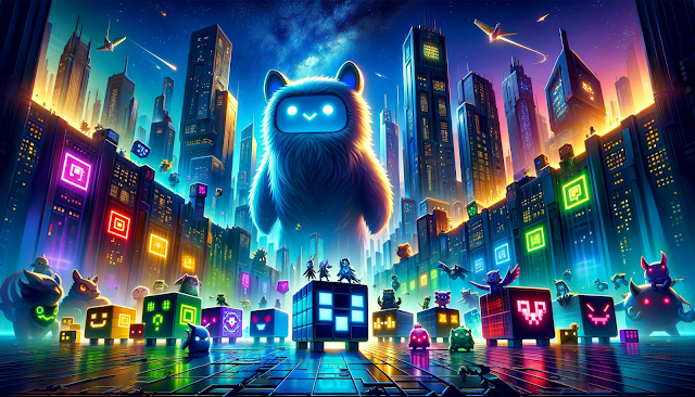 A captivating nighttime cityscape from 'Cube Adventure: Monster Tamer', illuminated by colorful neon lights, with unique cube-shaped monsters, showcasing urban adventure and strategic gameplay elements.