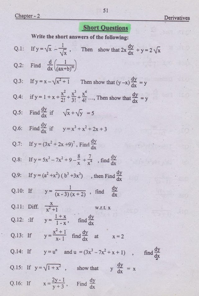 Short Questions - Chapter 2 - DAE Mathematics 2nd Year | Math 223