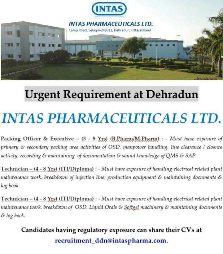 Job Availables,Intas Pharmaceuticals Ltd Job Vacancy For B.Pharm/ M.Pharm/ ITI/ Diploma