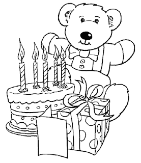 Teddy bear and birthday cake with 5 candles coloring page