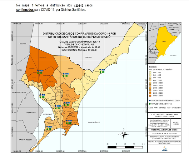 Mapa com distribuição de casos confirmados e ativos por Distrito Sanitário