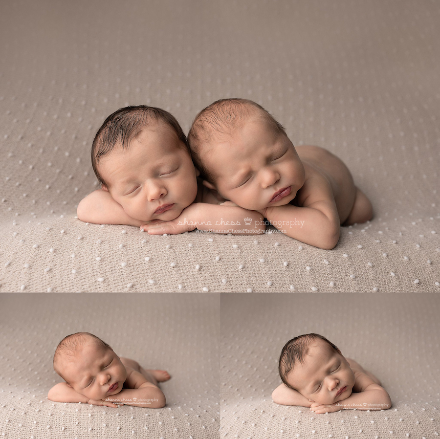 Newborn twins brother and sister on neutral backdrop posing for Eugene Oregon newborn photographer