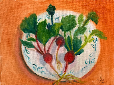 Radishes is an original oil painting by artist, Anawanitia. This still life portrays three leafy green red radishes on a decorative plate.