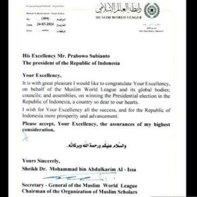 Beri Ucapan Selamat, Liga Muslim Dunia Sudah Akui Prabowo Sebagai Presiden RI