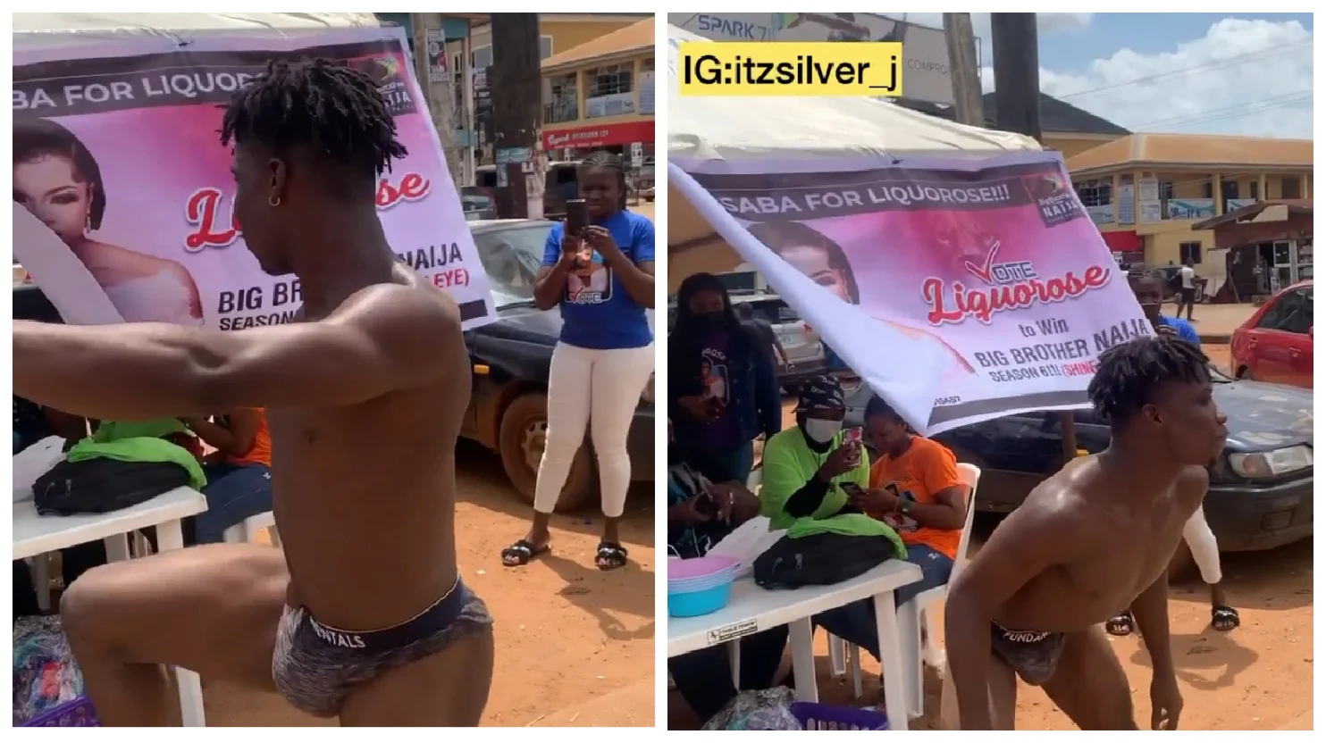 BBNaija: Watch the moment a Liquorose fan was spotted dancing in the market with a pant just to gain votes