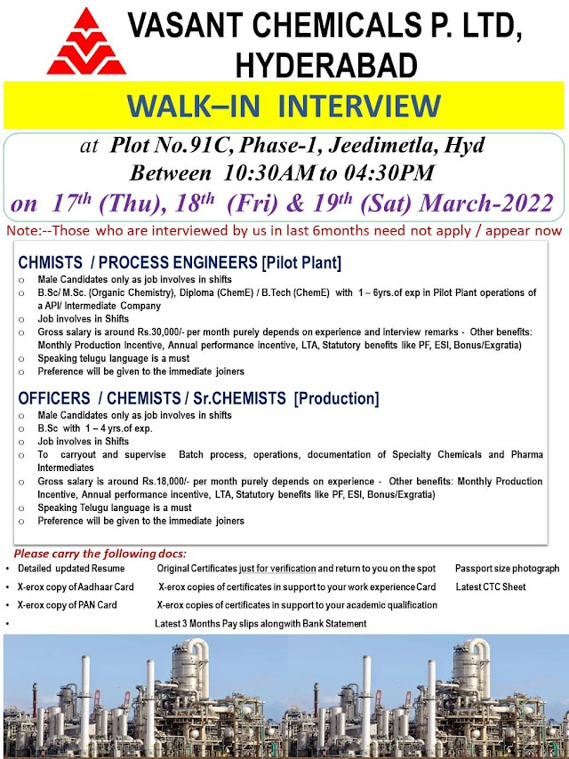Vasant Chemicals | Walk-in interview for Production/ Pilot Plant on 17th, 18th & 19th March 2022