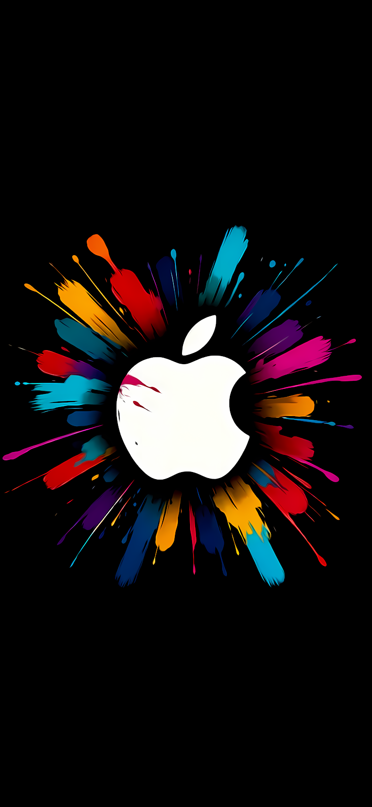 black wallpaper with apple logo and colorful splash