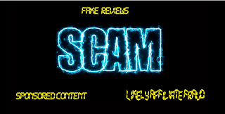 Screenshot that says Fake Reviews Scam in Big Blue Letters  Sponsored Content Likely Affiliate Fraud