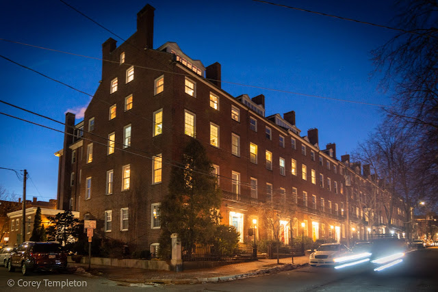 Portland, Maine USA photo by Corey Templeton. January 2022. Park Street Row house at night.