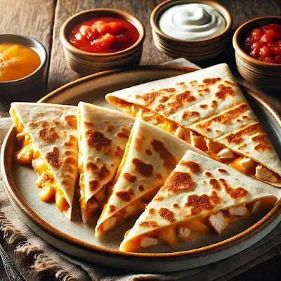 Grilled chicken quesadilla sliced and served on a plate