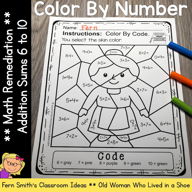 Click Here to Download This Color By Number For Math Remediation Sums 6 to 10 - There Was An Old Woman Who Lived in a Shoe