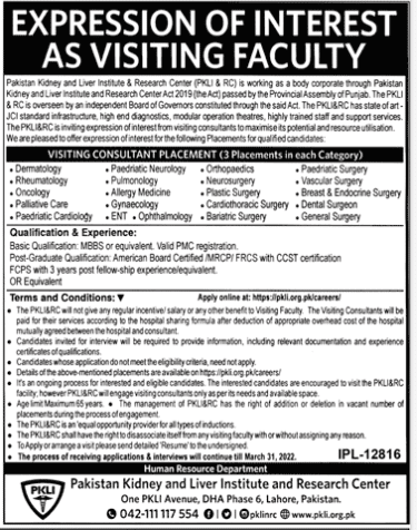 Pakistan Kidney and Liver Institute PKLI Jobs 2021 Lahore | Apply Online