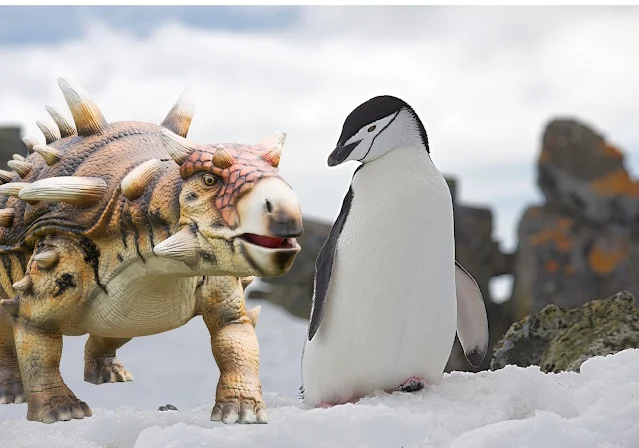 a made up picture of a penguin walking along with an ankylosaurus