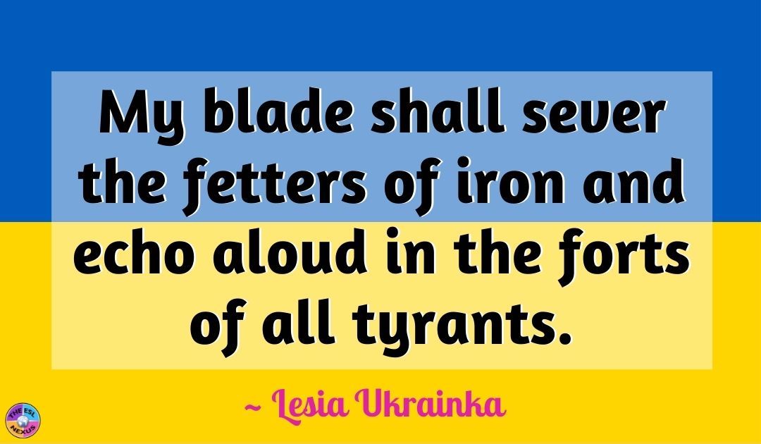 Quotation by Ukrainian poet Lesia Ukrainka overlad on Ukrainian flag