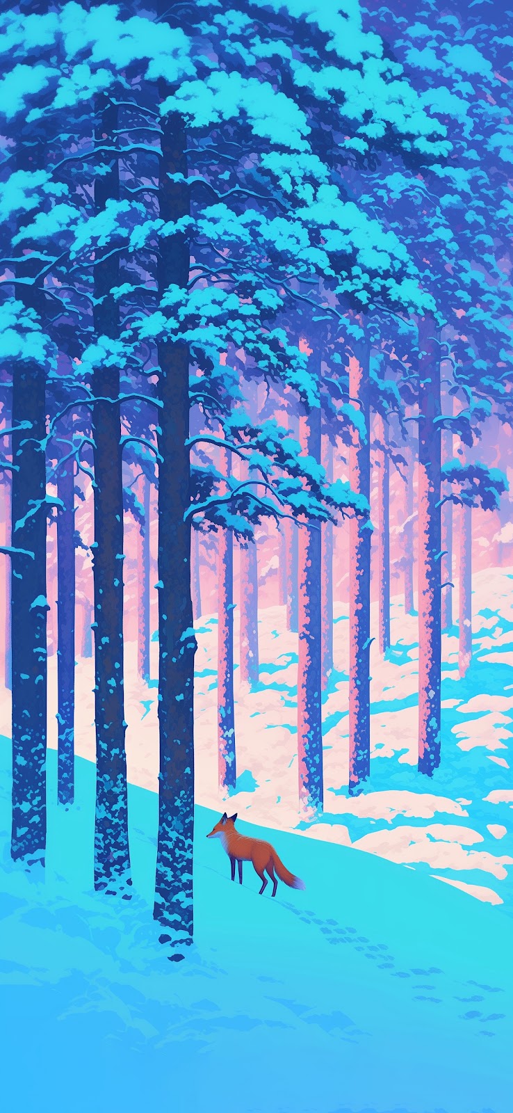 A magical winter scene with a fox standing in a snowy forest, surrounded by tall trees.

