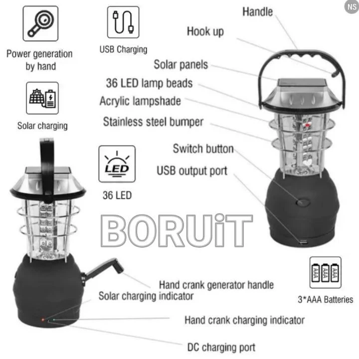 BORUiT Hand Crank Lantern: Rechargeable Solar LED Lamp with Multiple Power and Charging Options