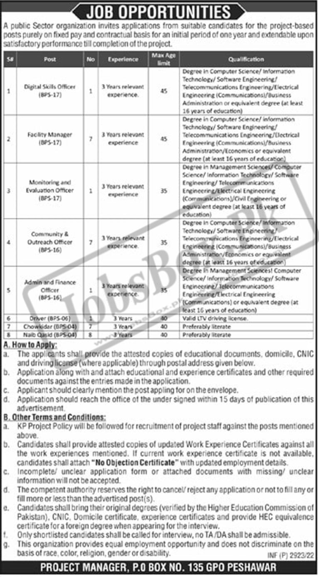 Public Sector Organization PO Box 135 GPO Peshawar Jobs 2022 jobz24-pk