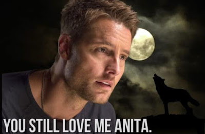 Justin Hartley looking sad with a full moon in the background and wolf howling the caption reads you still love me anita