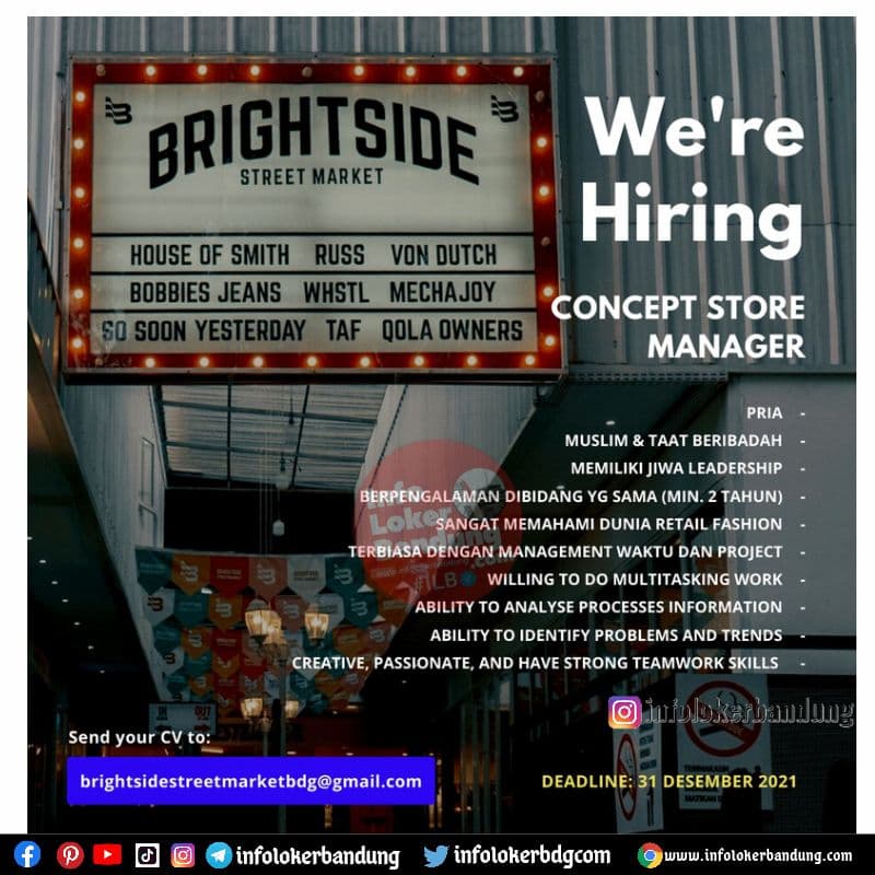 Lowongan Kerja Concept Store Manager Brightside Street Market Bandung Desember 2021