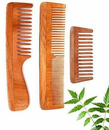 Organic Anti Dandruff Pure Neem Wood Comb Set of 3 for Women Hair Growth, Brown