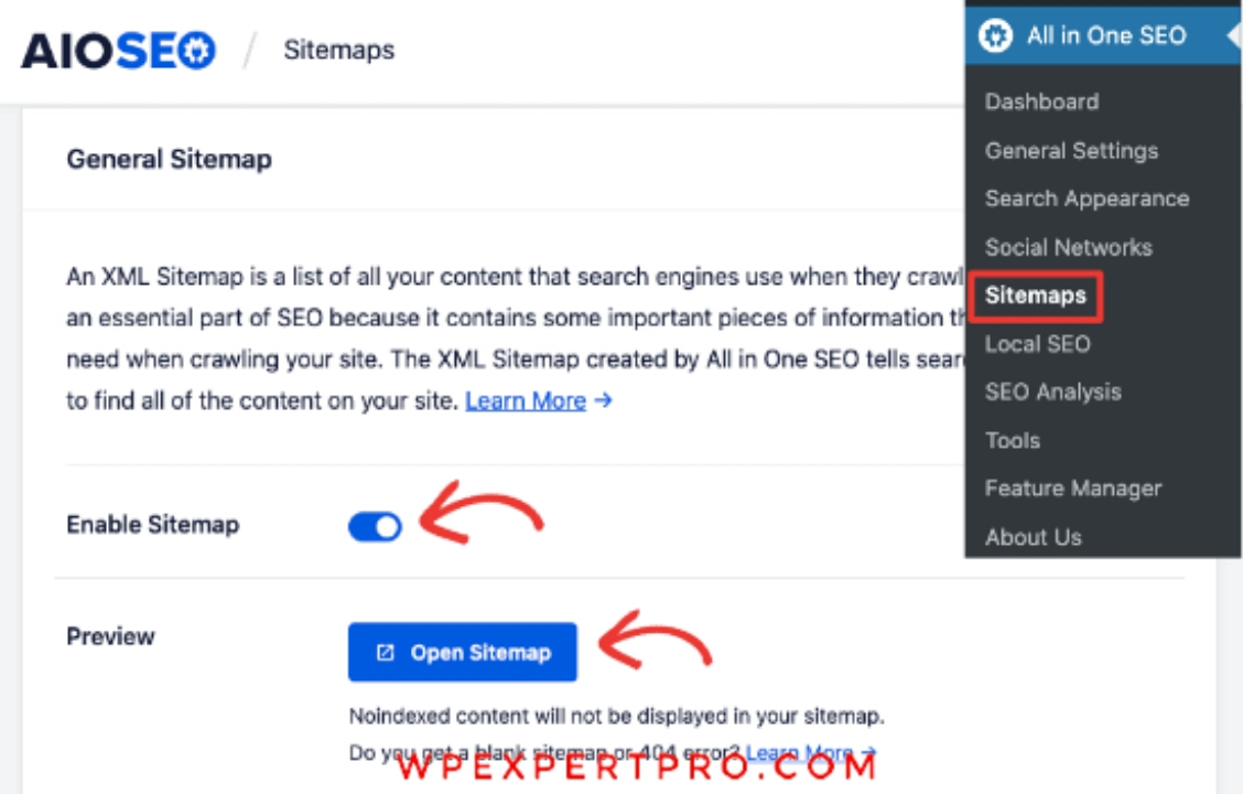 enable the Sitemap in All in SEO tool