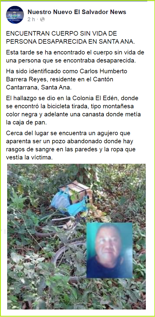 El Salvador: Él era Carlos Barrera Reyes, panadero que fue encontrado muerto dentro de un pozo situado en la colonia El Edén
