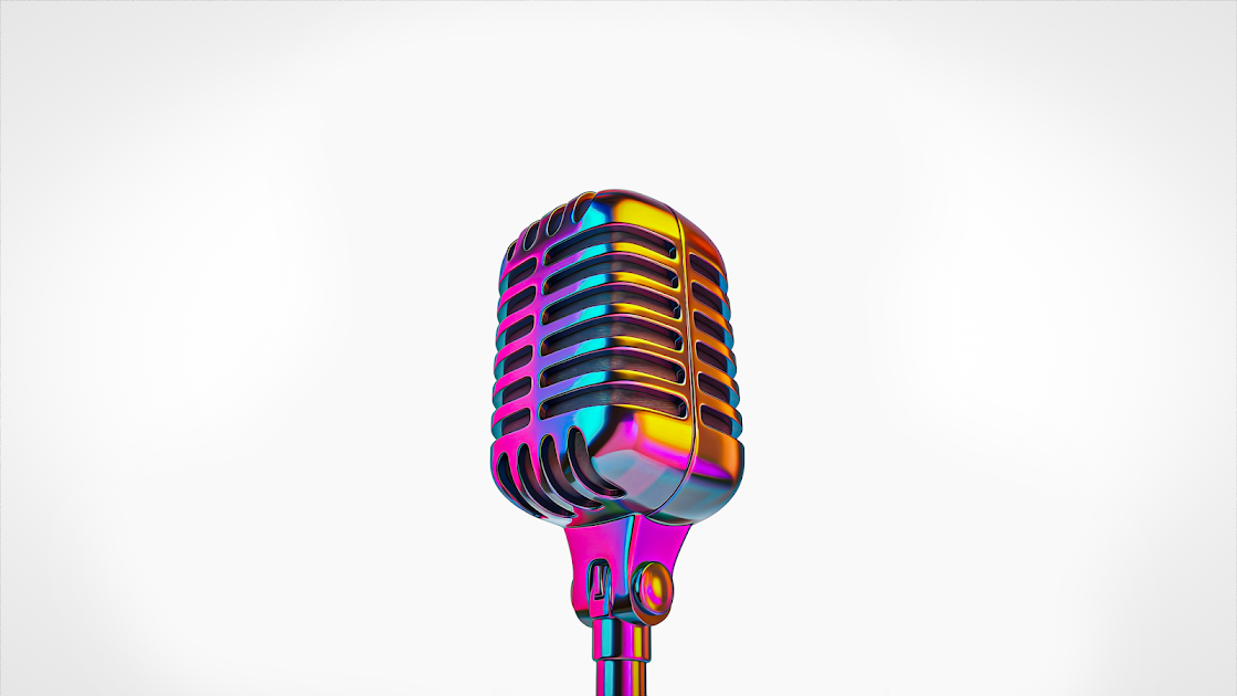 A colorful, iridescent microphone against a white background. 