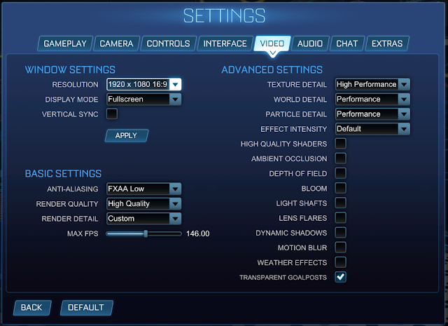 Camera and Video Settings rocket league