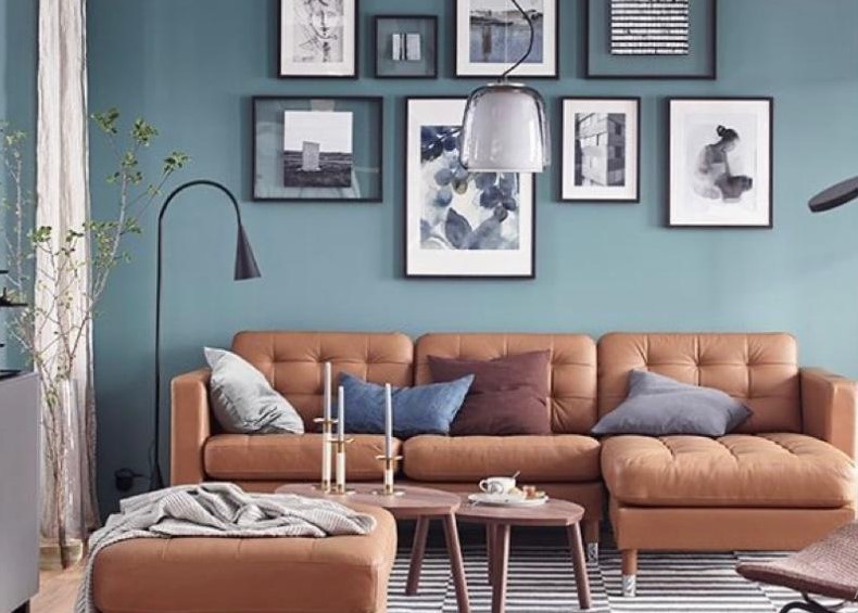 dark blue accent wall living room