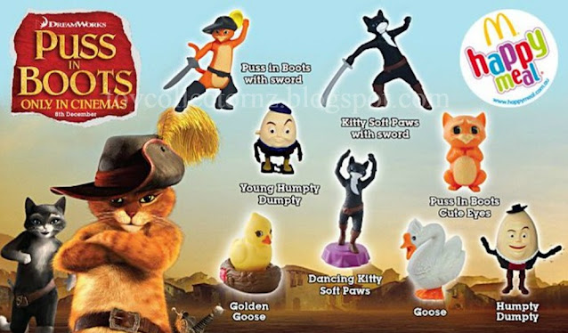McDonalds Puss in Boots Happy Meal Toys 2011 Australia and New Zealand Promotion Set of 8 Toys includes the following toys Puss in Boots, Kitty Soft Paws with Sword, Young Humpty Dumpty, Humpty Dumpty, Golden Goose, Goose, Puss in Boots Cute Eyes, Dancing Kitty Soft Paws