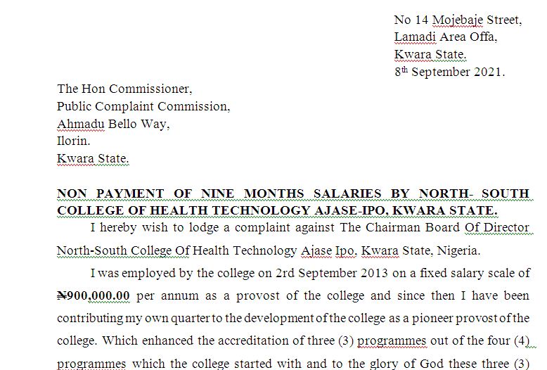 NON PAYMENT OF NINE MONTHS SALARIES BY NORTH- SOUTH COLLEGE OF HEALTH TECHNOLOGY AJASE-IPO, KWARA STATE.