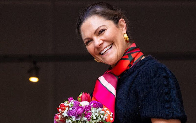 Crown Princess Victoria wore Toury ribbed wool cashmere top and silk twinflower skirt by Toteme, and Merino knit sweater by Other Stories