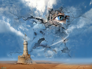 surrealist representation of an eye and tower with sky background