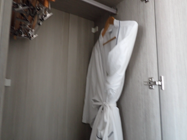 A closet with a cruise line provided robe.