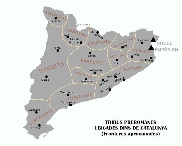 Mapa de les tribus preromanes ubicades dins de Catalunya amb les seves fronteres aproximades